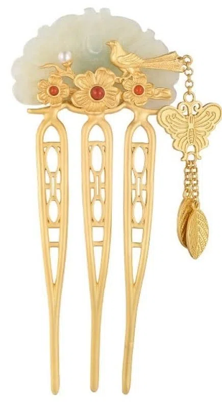 Vintage Haarstäbe Jade Haarkamm, S925 Sterling Silber Haargabeln Haarnadel, verzierte Lovebirds Ruyi Haarstäbe mit Quaste,(Gold)