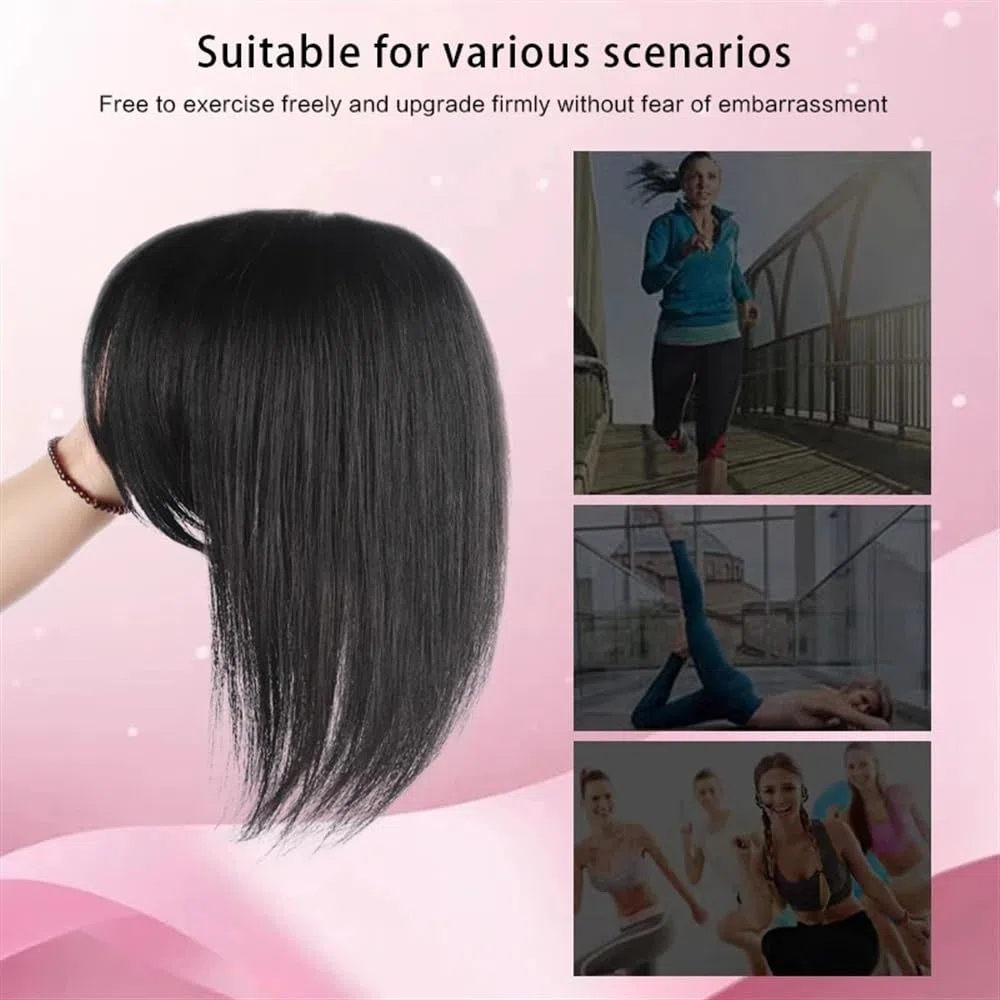 Haarteile für Frauen mit dünner werdendem Haar, 25,4 cm glattes Echthaar mit Pony, 8 x 12 cm, Haarteil mit künstlicher Kopfhaut und Seidenbasis mit Clips,(Dunkelbraun