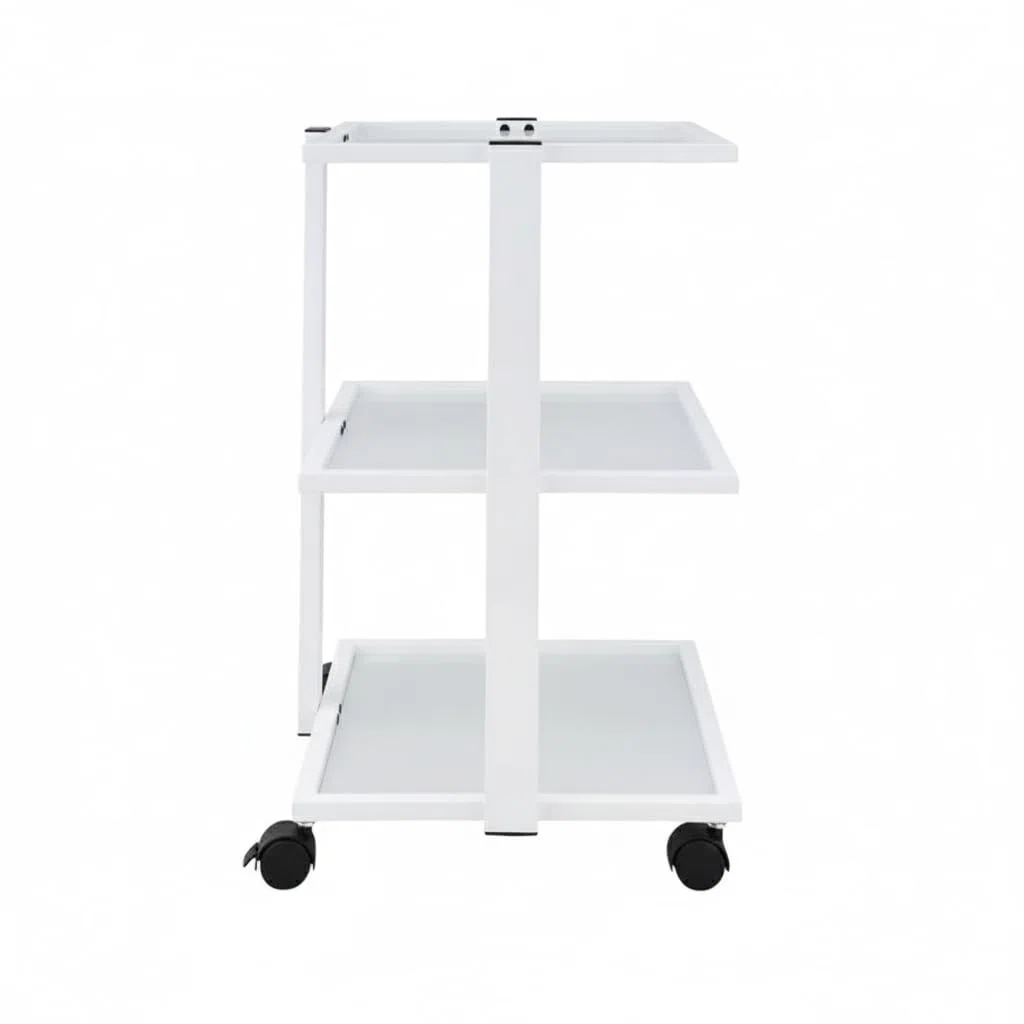 Beistellwagen 3 B SF Weiß | Kosmetikwagen mit 3 Glas-Ablagefächern, Lupenlampenhalter, 4 Rollen, 16kg | Mobiler Rollwagen für Kosmetikstudios