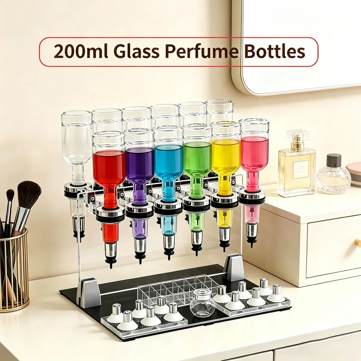 Parfümbar-Spender, Manueller Parfümspender Mit 12 Fläschchen, Pumpköpfen Und 0,2-Liter-Tisch-flüssigkeitsabfüller (einstellbar) Für Parfümerie-Bars