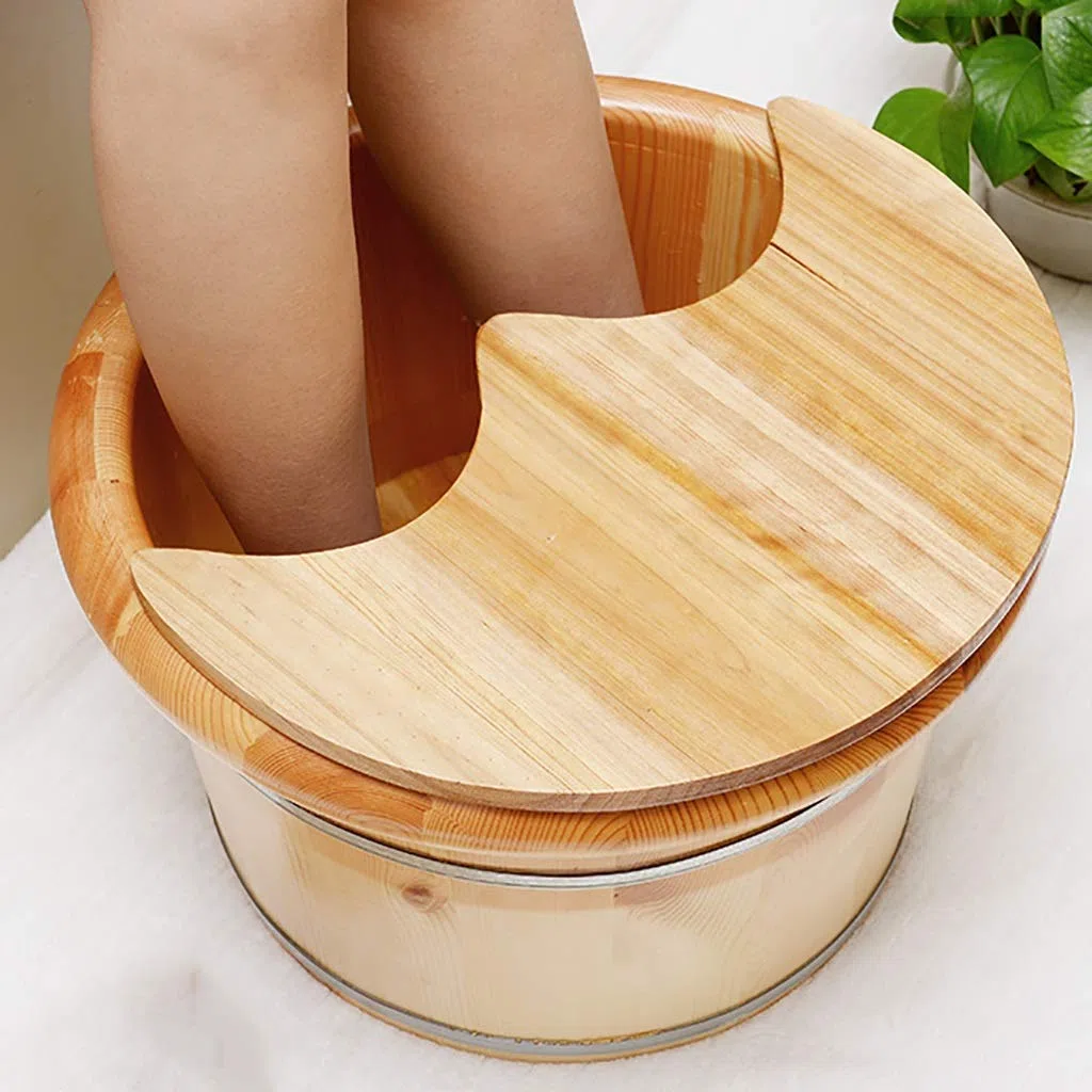 Holzfass-Fußbad-Fußmassagebecken, Pediküre-Becken mit Deckel, Begasungseimer mit Massageperlen, rundes Ohrkantendesign, geeignet für Geschenk, Zuhause, Hotel, Höhe 25 cm (Farbe: Keine Massage)