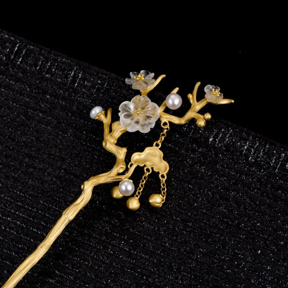 Vintage Haarstäbchen Perlen Haarnadel, S925 Sterling Silber Chinesische Haarstäbchen, verzierte Kristallblume vergoldete Haarstäbchen mit Quaste,