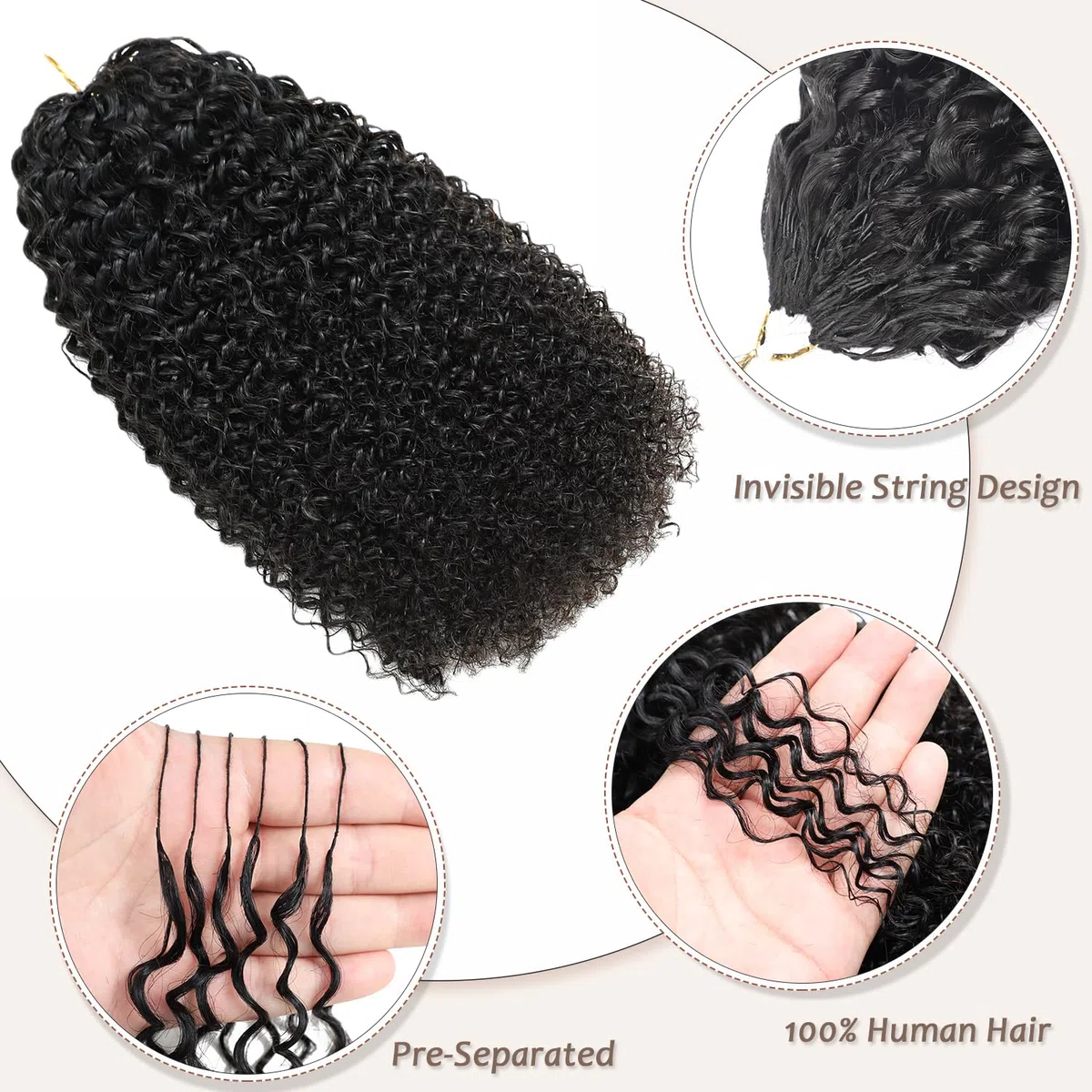 Beauty Youth Kinky lockiges Echthaar, unsichtbare, vorgetrennte Feder-Häkel-Haarverlängerungen für schwarze Frauen, natürliches Schwarz, 70 g/Packung, 40,6 cm