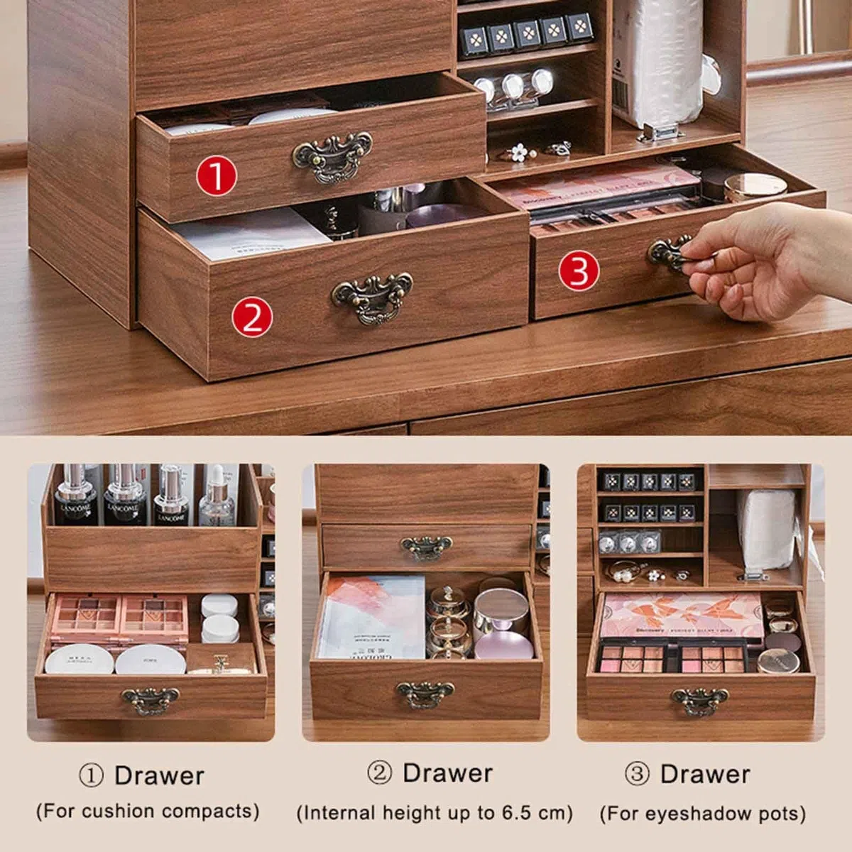 Schreibtisch-Organizer Aus Holz Schubladen-Set, Schminktisch Organizer Mit 3 Schubladen, Büroaufbewahrung, Schmink Organizer Für Badezimmer, Dresser Skincare