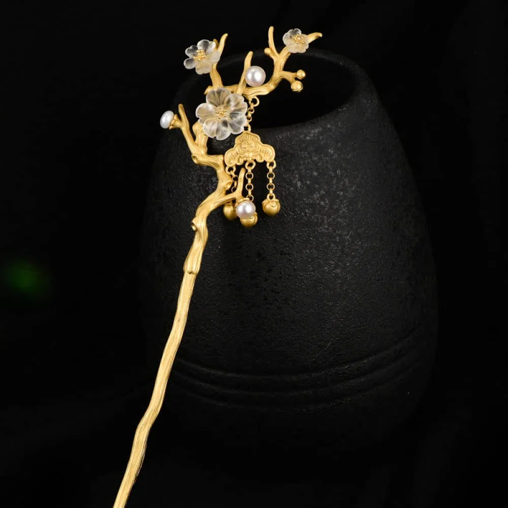 Vintage Haarstäbchen Perlen Haarnadel, S925 Sterling Silber Chinesische Haarstäbchen, verzierte Kristallblume vergoldete Haarstäbchen mit Quaste,