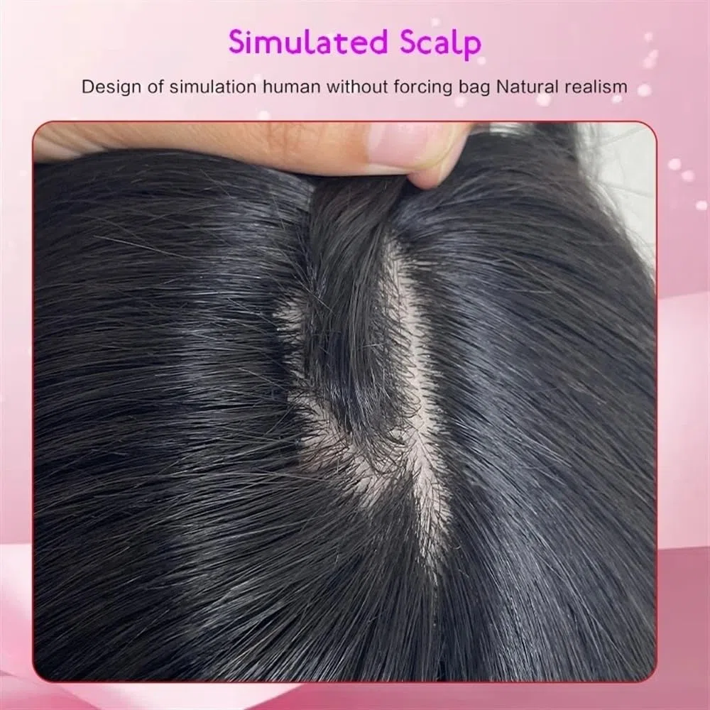 Haarteile für Frauen mit dünner werdendem Haar, 25,4 cm glattes Echthaar mit Pony, 8 x 12 cm, Haarteil mit künstlicher Kopfhaut und Seidenbasis mit Clips,(Dunkelbraun