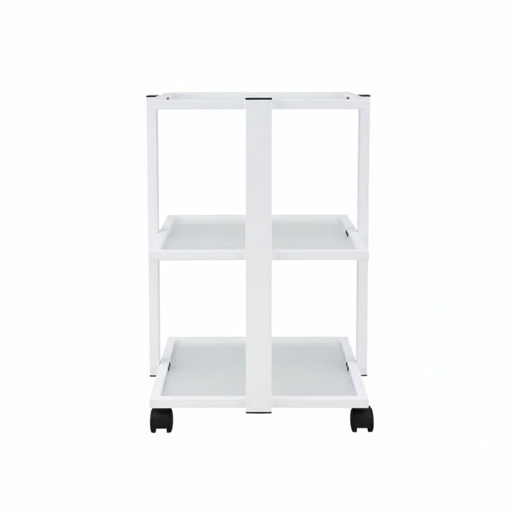 Beistellwagen 3 B SF Weiß | Kosmetikwagen mit 3 Glas-Ablagefächern, Lupenlampenhalter, 4 Rollen, 16kg | Mobiler Rollwagen für Kosmetikstudios