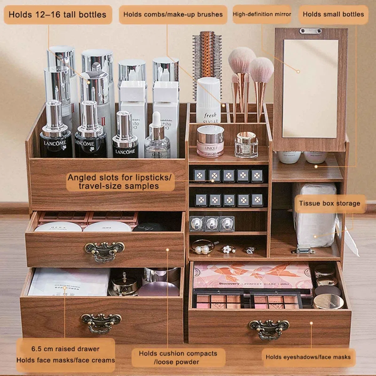 Schreibtisch-Organizer Aus Holz Schubladen-Set, Schminktisch Organizer Mit 3 Schubladen, Büroaufbewahrung, Schmink Organizer Für Badezimmer, Dresser Skincare
