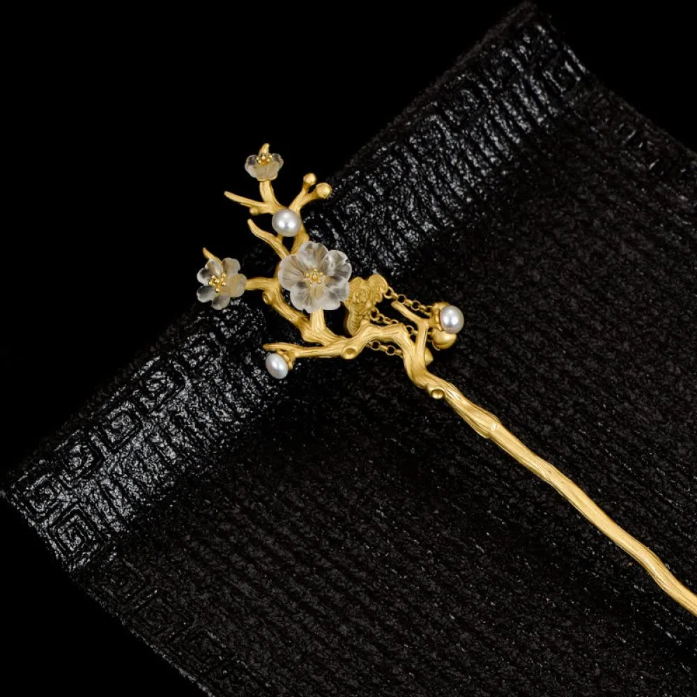 Vintage Haarstäbchen Perlen Haarnadel, S925 Sterling Silber Chinesische Haarstäbchen, verzierte Kristallblume vergoldete Haarstäbchen mit Quaste,