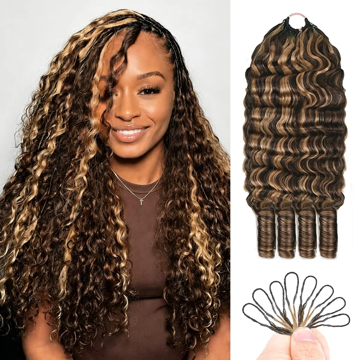 #4/27 Burmesisches lockiges gehäkeltes Echthaar, vorgetrennt, Wunderknoten, Echthaar, 55,9 cm, unsichtbar, knotenlos, Feder-Häkelhaar, wiederverwendbar, für schwarze Frauen, 120 g