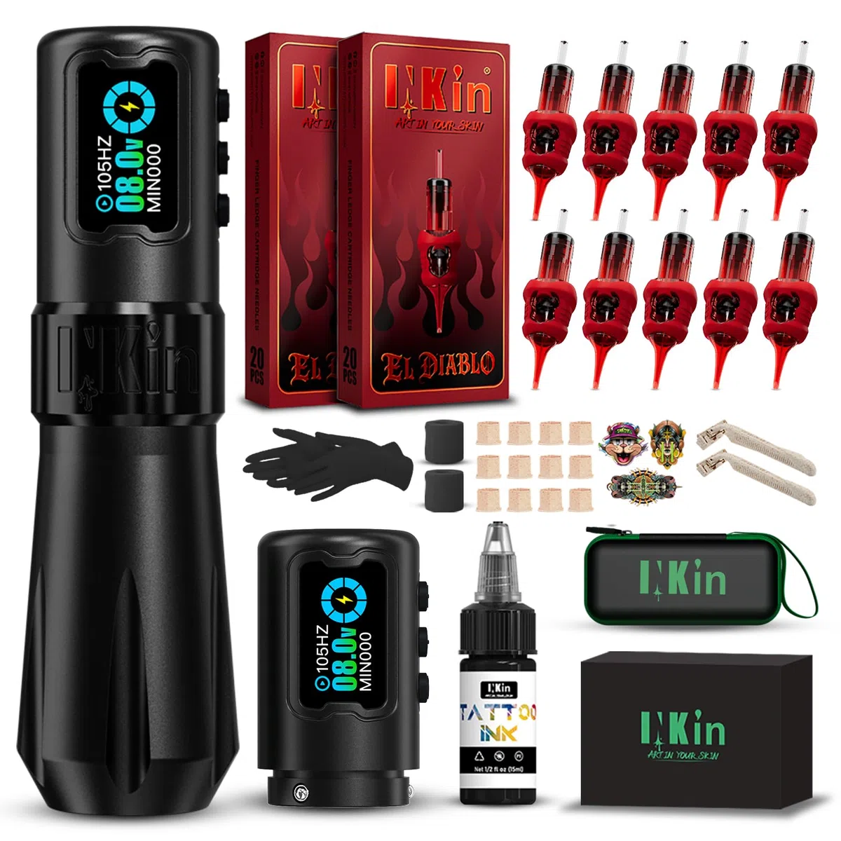INKin Tattoo Maschine Set 4.0 Hublänge, Tätowiermaschine Set mit Bürstenloser Motor 39mm Großem Griff, Tattoomaschine mit Direktantrieb und 2 1600mAh Batterien für Professionelle Tätowierer- Rampage