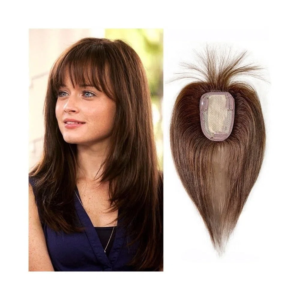 Haarteile für Frauen mit dünner werdendem Haar, 25,4 cm glattes Echthaar mit Pony, 8 x 12 cm, Haarteil mit künstlicher Kopfhaut und Seidenbasis mit Clips,(Dunkelbraun
